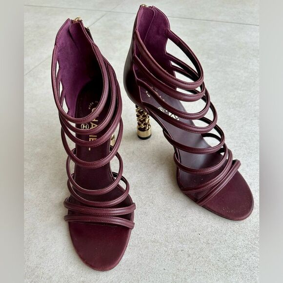 Chanel Coco Tower Cage Burgundy & Gold Sculptural Chain High Heel Sandals 38.5 - Picture 1 of 14